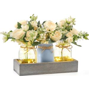 Mkono Mason Jar Lights Centerpiece Table Decor for Dining Room Farmhouse Wood Tray with 3 Jars Flowers Center Pieces Spring Decor for Coffee Table Kitchen Living Room, Grey Blue