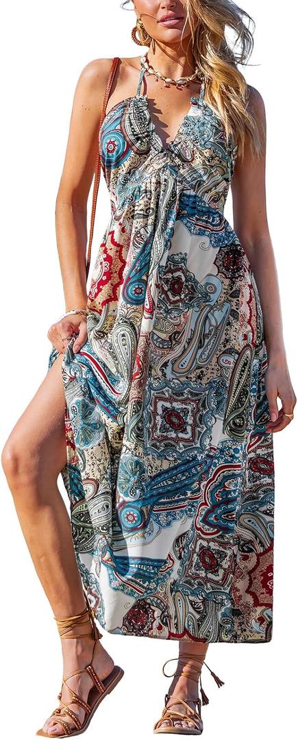 CUPSHE Women's Backless Beach Dress Halter Neck Ruffle Plunge V Neck Sleeveless Maxi Sundress Summer Dresses (L)