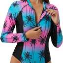 Ecupper Women's One Piece Rash Guard with Built in Bra UPF50+ Zip Long Sleeve Surfing Athletic Swimsuit Size 20