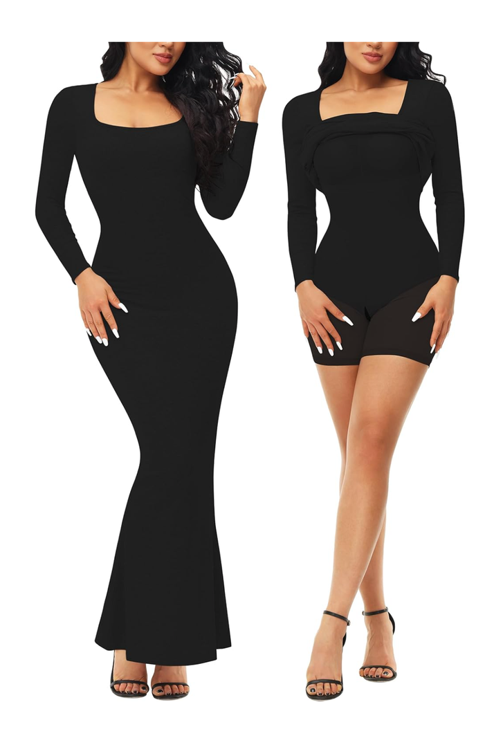 Fengbay Shapewear Dress for Women Bodycon Dress with Built in Shapewear Shaper Dress Square Neck Lounge Long Dress 2XL