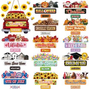 Suzile 43 Pcs Interchangeable Seasonal Welcome Truck Sign with 42 Holiday Signs for Summer Farmhouse Front Porch Decor Rustic Wooden Wall Outdoor Holiday Sign(Red)