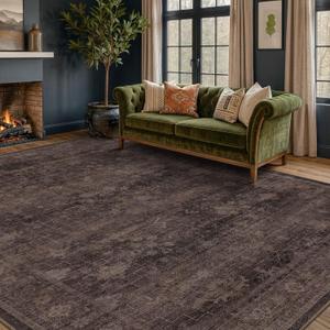 Farmhouse Washable 8x10 Area Rugs for Living Room, Dark Brown with Plum, Rust, and Charcoal Accents Vintage Geometric Rug for Bedroom, Dining Room, Modern Boho Distressed Ultra Soft Low Pile Carpet