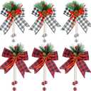 6 PCS Christmas Burlap Plaid Bow with Pine Cones Pine Needles with Bells 11.8 x 5.5 inches Velvet Pine Cone Bow Christmas Wreath Bow Buffalo Check Bow Christmas Tree Hanging Ornaments Decor