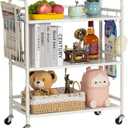 HDANI 3 Tier Metal Mesh Utility Cart, Large Capacity Multipurpose Heavy Vehicle, Rolling Trolley with to Hooks and One Basket (White)