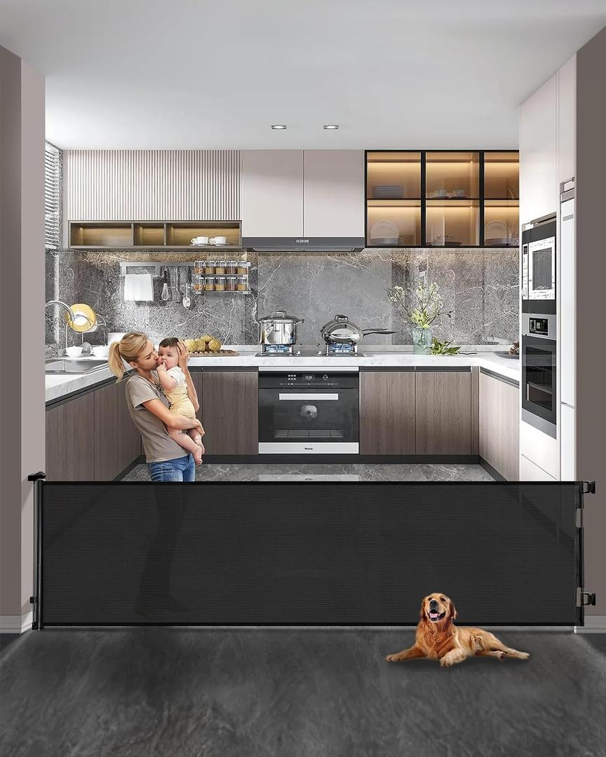 Retractable Baby Gate,Mesh Baby Extra Wide Gate,Extra Long Dog Gate,33" Tall,Large Extends up to 165" Wide,Child Safety Extra Large Gate for Doorways, Stairs, Indoor/OutdoorBlack,33"x165" (33x165 Inch)