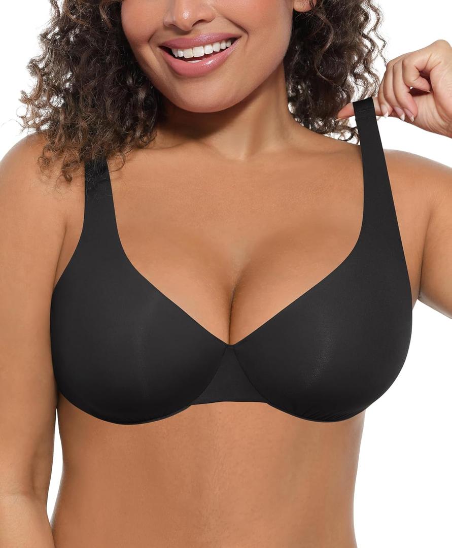 FeelinGirl Bras for Women Unlined No Padding Comfort Underwire Plus Size Full Coverage Seamless Plunge Everyday Bras (38DD, Black)