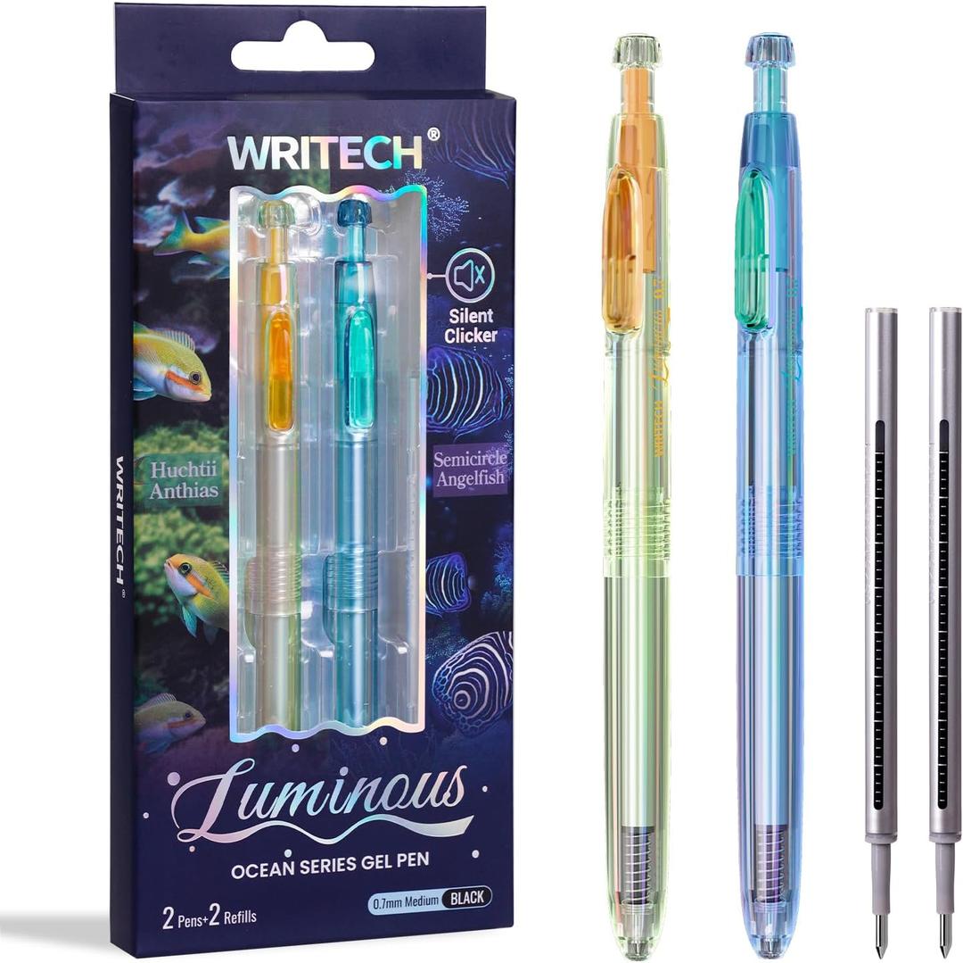 WRITECH Gel Pens Medium Point: Luminous pen set 0.7mm Black Ink Includes 2 Pens and 2 Refills Silent Clicker Smooth Writing for School Office & Everyday Use