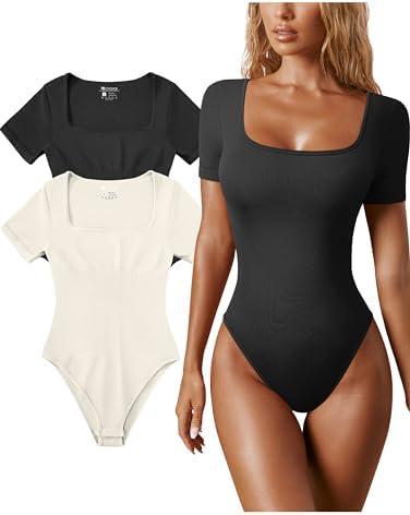 OQQ Women's 2 Piece Bodysuits Sexy Ribbed One Piece Square Neck Short Sleeve Bodysuits , Extra Large , Black /White 