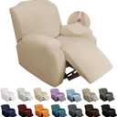 YEMYHOM 4 Pieces Stretch Recliner Slipcover Latest Jacquard Recliner Chair Cover with Side Pocket Anti-Slip Fitted Recliner Cover Couch Furniture Protector with Elastic Bottom (Recliner, Beige) (1 Seater)