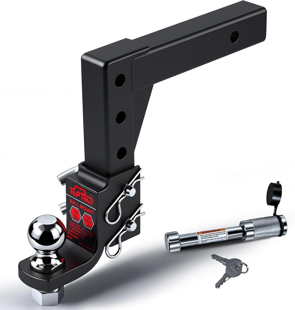 TOPTOW AdjustableTrailer Hitch Ball Mount with 2-inch Hitch Ball, 5/8 inch Hitch Lock, 10 inch Drop Max, Fits 2 inch Hitch Receiver, Matte Black