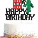 Happy Birthday Cake Topper, Pixel Style Cake Picks Decorations, Block Video Game Themed Cake Topper for Kids Boy and Girl, Black