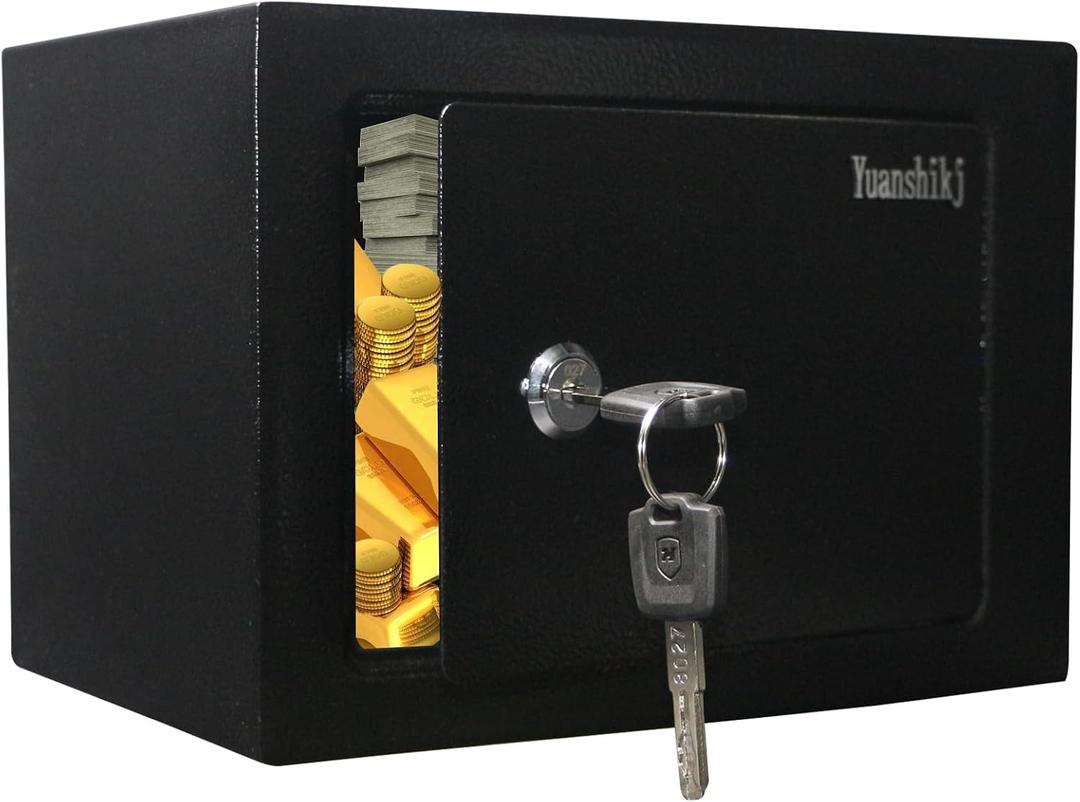 Yuanshikj Safe Box with Key Lock, Steel Security Lock Box, 0.23 Cubic Feet, 9.1" W x 6.7" D x 6.7" H, Small Hidden Safe for Home Office Cash Jewelry Storage (BLACK)
