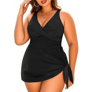Daci Plus Size Swim Dress - One Piece Swimsuits Tummy Control Bathing Suits Flowy Asymmetrical Swimwear with Bottom Built in, 20Plus