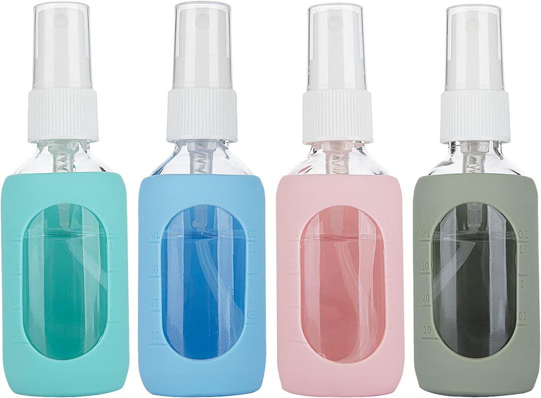 HOMBYS Empty Clear Glass 2oz Small Spray Bottles with Silicone Sleeve Protection - Refillable Containers for Travel, Cleaning Solutions, Essential Oils, Sanitizers - Fine Mist Spray - 4 Pack-Clear