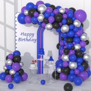 Blue Purple Black Balloon Garland Arch Kit, 122PCS Purple Royal Blue Black Balloons Metallic Silver Balloons for Video Game Theme Boys Super Gamfan Birthday Graduation Retirement Party Decorations