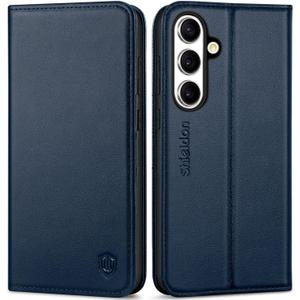SHIELDON Case for Galaxy S25 FE 6.7" 5G, Genuine Leather Folio Wallet Case Magnetic Kickstand RFID Blocking Card Slots Shockproof Protective Cover Compatible with Galaxy S25 FE 2025 - Navy Blue