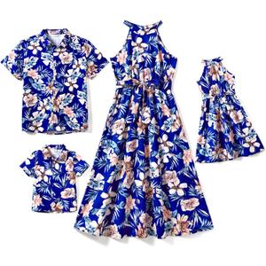 PATPAT Family Hawaiian Matching Outfits Mommy and Me Outfits Caribbean Vacation Summer Tropical Halter Sundresses and Shirts (8-9 Years, Deep Blue)