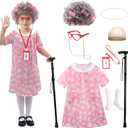 Old Lady Costume for Kids with Wig and Accessories Grandma Outfit 100 Days of School Costume for Girls (Medium, Pink)