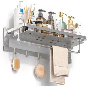 90 Foldable Racks for Bathroom Wall Mounted with Rustproof Aluminum Towel Bar 5 Towel Hooks 23IN Shelves Organizers Storage for RV Hotel Lavatory Kitchen Home Decor, Silver