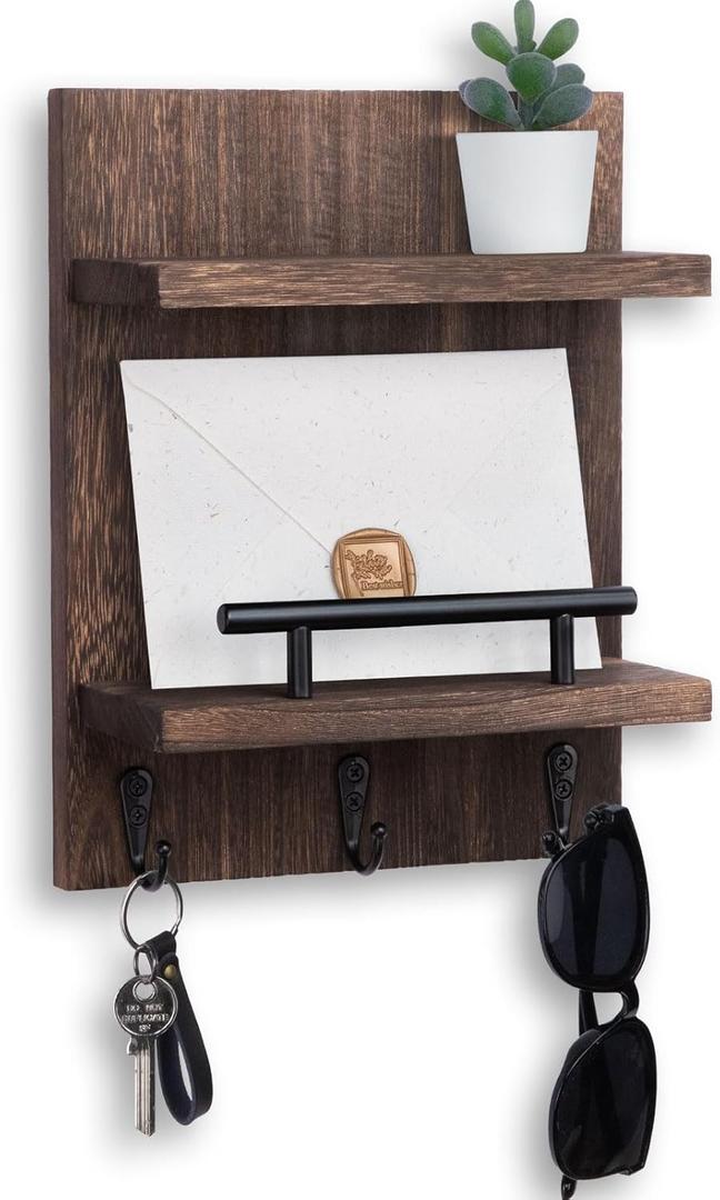 Key Holder Wall Mount, Mail Shelf Decor with 3 Key Hooks, Versatile Wood Wall Organizer for Entryway Hallway (8.2 x 10.6x 3.6) (Brown)