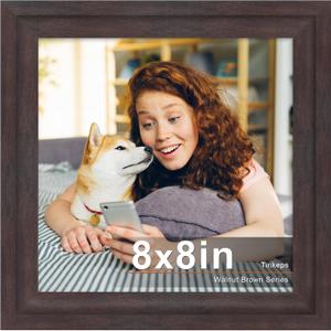 8x8 Picture Frame Walnut Brown with Black Back Board, Curved Extra Wide Edges, Vintage Style Picture Frame 8x8 inches for Wall Decor