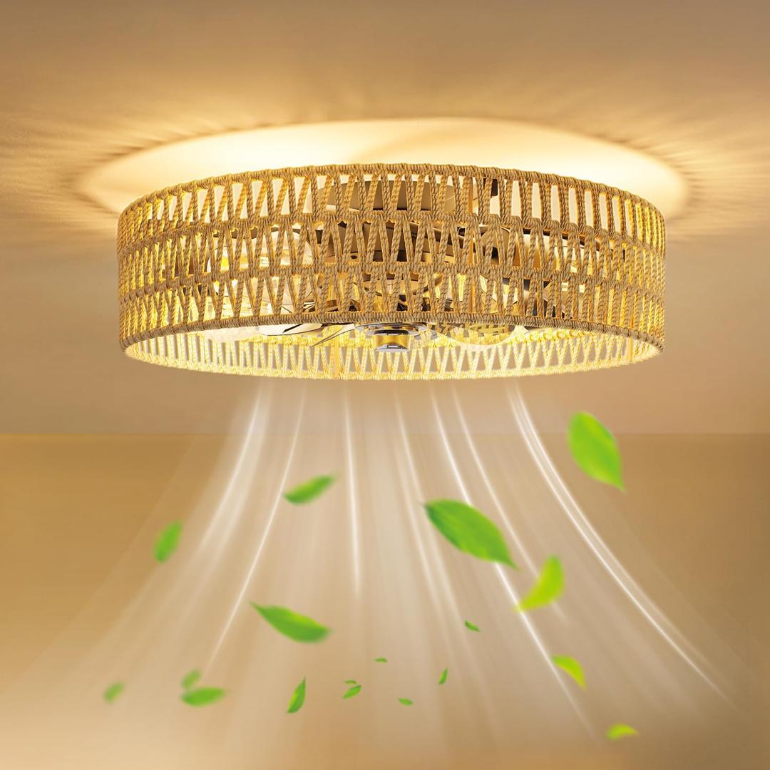 20" Boho Ceiling Fans with Lights and Remote, 6 Wind Speeds 3 Timing Quiet Rattan Flush Mount Low Profile Ceiling Fan for Bedroom Living Room, Rustic Reversible Caged Ceiling Fan, Beige