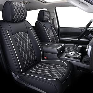 YIERTAI Tundra Seat Covers Compatible with 2008-2024 2025 2026 Toyota Tundra Crewmax Double Cab SR5 Limited Platinum TRD Pro Crew Cab Truck Waterproof Leather Seat Covers(5 PCS Full Set/Black-White)