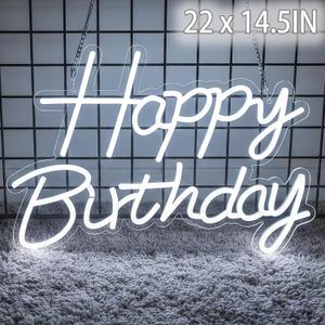 22" x 14.5" Happy Birthday Neon Sign for Backdrop, LED Happy Birthday Light Up Sign, USB Powered Dimmable Neon Light for Birthday Party Decorations, Wall Decor, White
