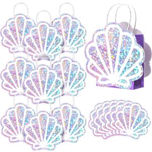 Locmeo 12 Pack Sea Shell Gift Bags Mermaid Goodie Bags Party Favor Iridescent with Handle for Under The Sea Party Summer Ocean Beach Birthday Wedding Shower Celebration Supplies Decoration