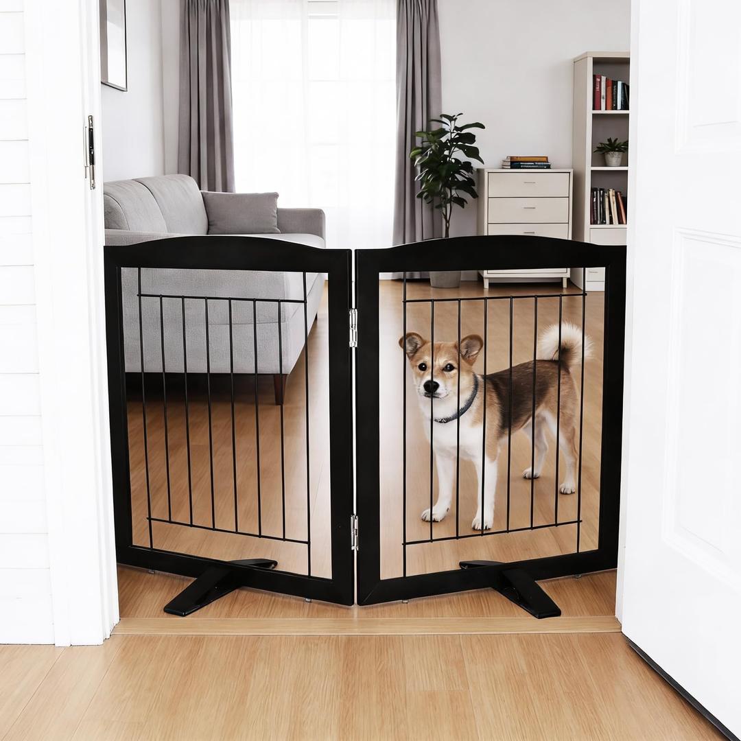 Dog Fence Indoor - 2-Panel Freestanding Dog Gate for Doorways, Hallways, House or Stairs -40x24-Inch Retractable Foldable Expandable Wood Pet by SFJC (White)