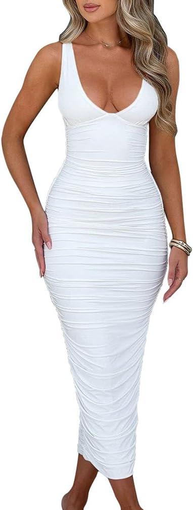 BEAGIMEG Women's Sexy Ruched Sleeveless Deep V Elegant Cocktail Evening Party Maxi Dress (White)