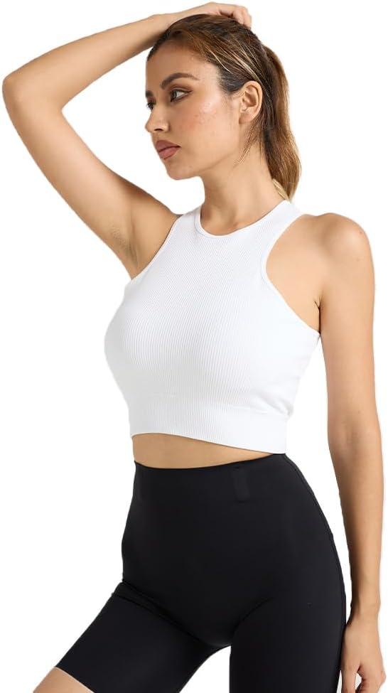 Women's Ribbed Crop Tank Top, Sleeveless Racerback, Square Neck, Black, Fitted (Medium, White)