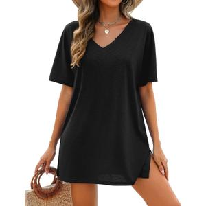 AI'MAGE Women's Swimsuit Coverup Short Sleeve Bathing Suit Cover Up Casual T-Shirt Dress Loose Beachwear Coverups (Black, M)