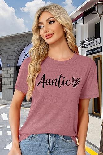 Auntie T Shirt Women Cute Love Heart Print Bless Aunt Tops Tees Casual Short Sleeve Vacation Shirts Tops, Size Small