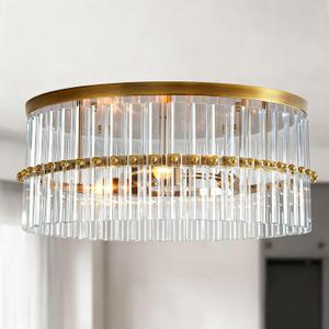 Modern Brass Flush Mount Ceiling Light Crystal Kitchen Ceiling Lighting for Living Room Bedroom Dining Room Bathroom Entryway, 18" wx 18" d x 8" h