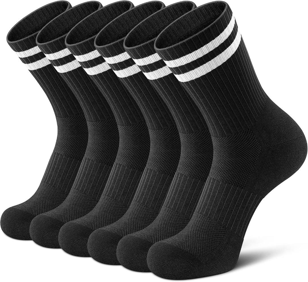 Airacker Athletic Socks Sport Running Calf Socks Performance Cushioned Breathable Crew Socks for Men Women(6 Pairs) (Black)