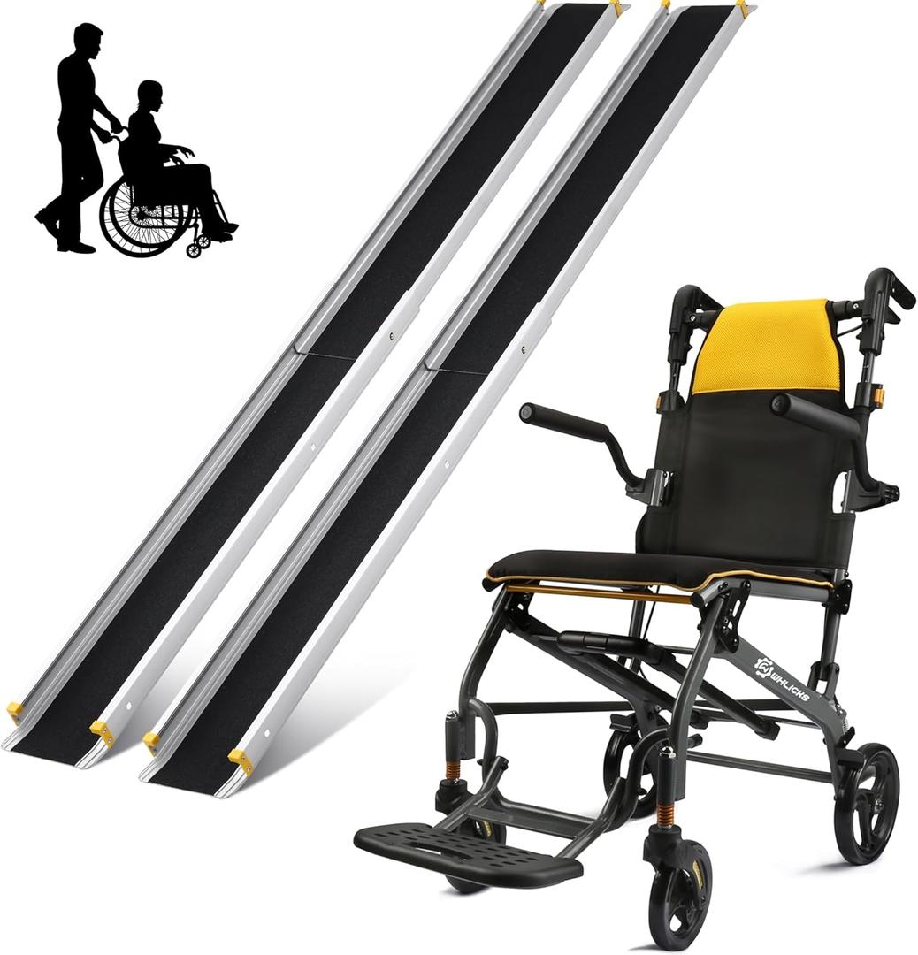 WHLICKS Lightweight Foldable Wheelchair with Telescopic Handle + Portable 4-7FT Adjustable Ramp with Storage Bag Non-Skid
