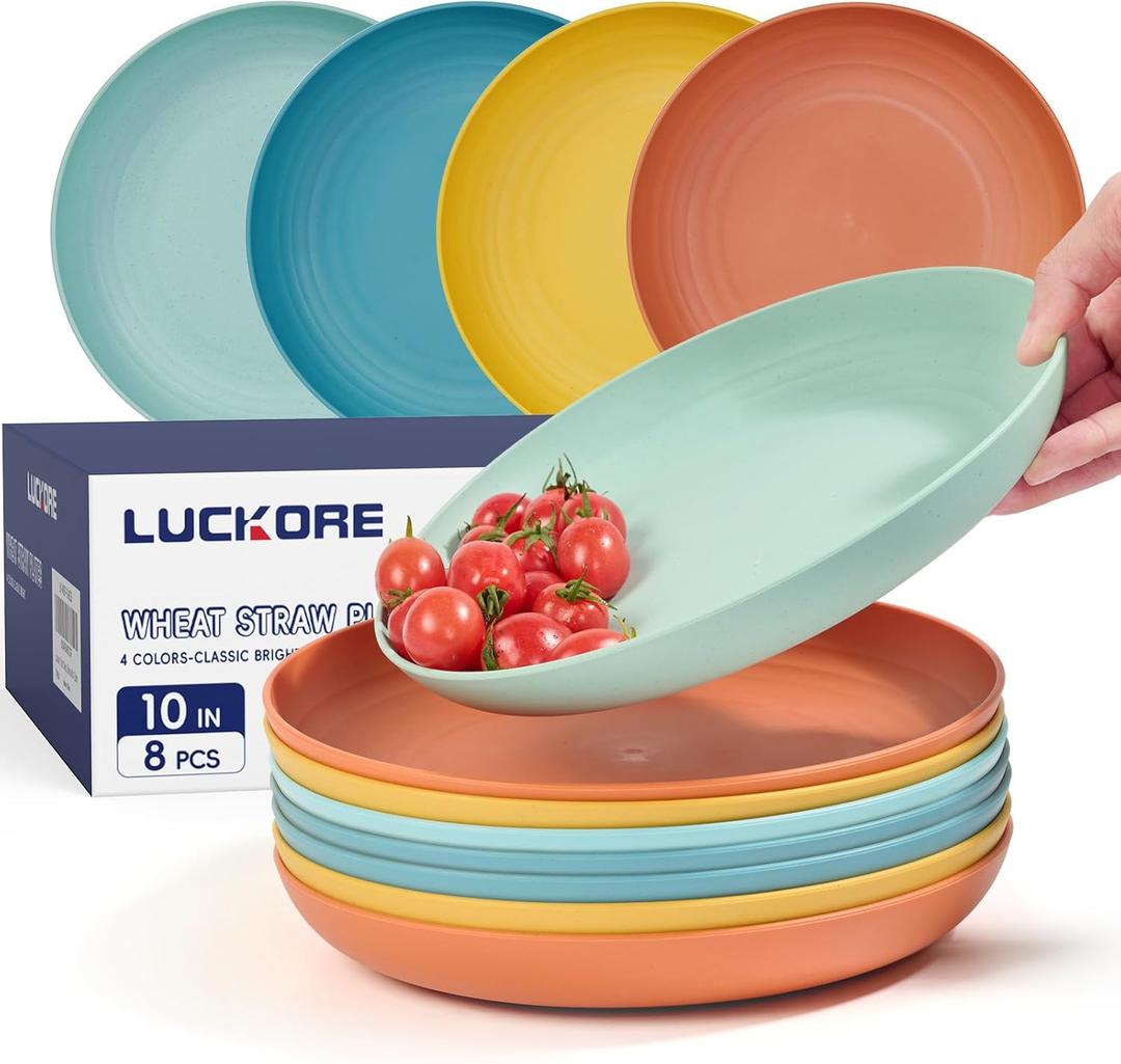 10 inch Deep Dinner Plates Set of 8 Wheat Straw Plates, Unbreakable Dinner Dishes Alternative for Plastic Microwave and Dishwasher Safe for Kitchen with 4 Colors Classic Bright