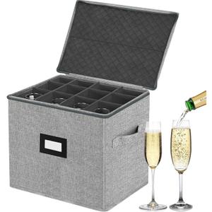 VERONLY Champagne Flute Storage Box with Dividers, Champagne Glass Storage Container, Hard Shell Stemware Storage Case Organizer for 12 Crystal Champagne Flutes Storage and Organization (Grey)
