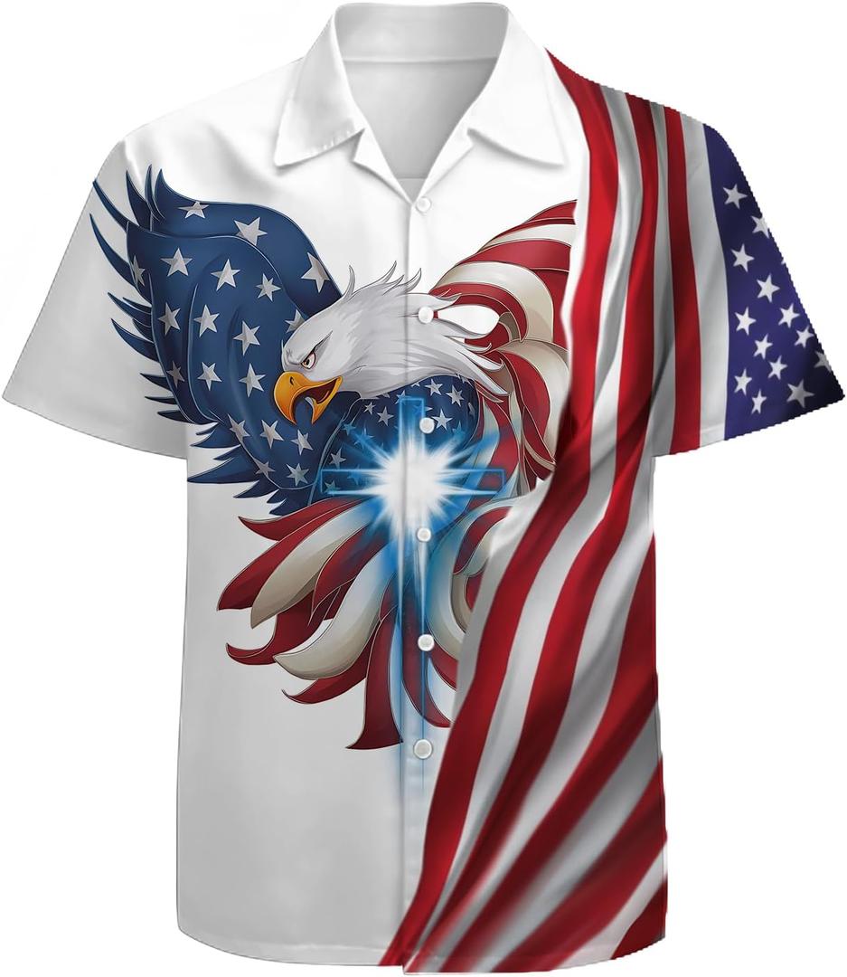 American Flag Eagle Men's Hawaiian Shirt 3D Graphic Button Down Short Sleeve Tropical Holiday Beach Aloha Shirts (3X-Large)