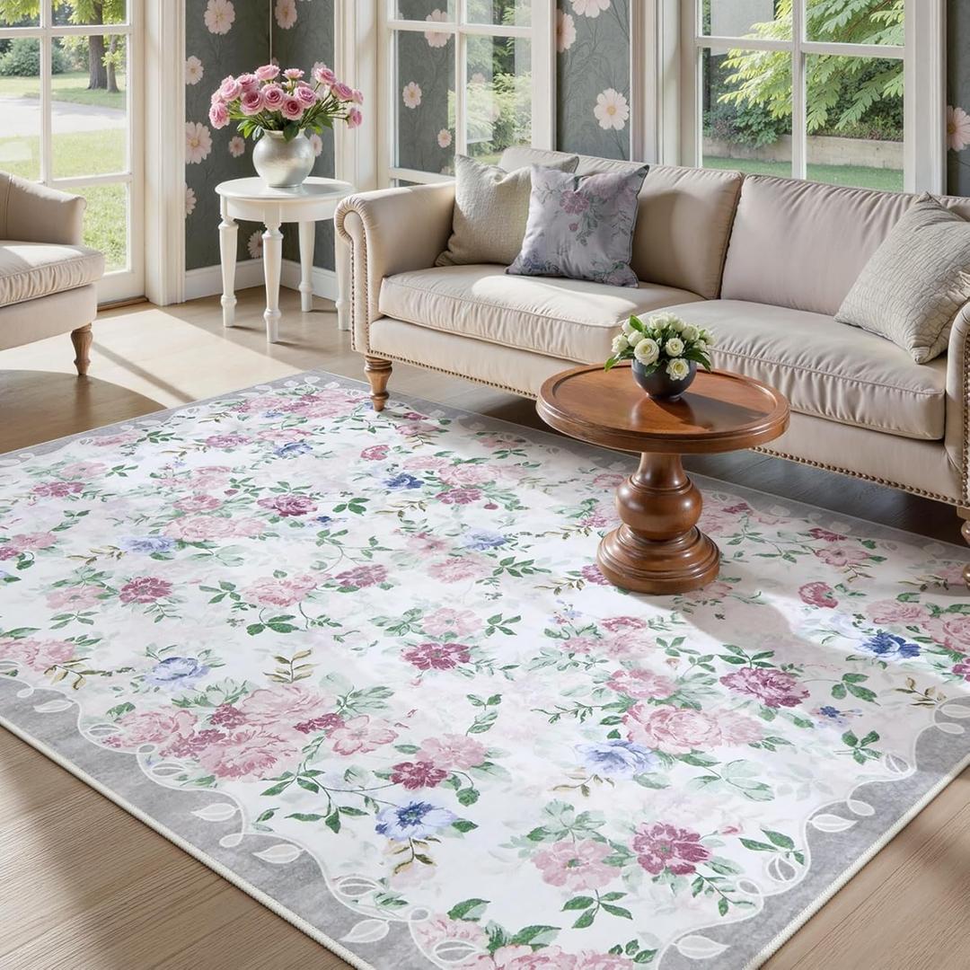 Lahome Purple Floral 5x7 Area Rugs, Boho Rugs for Bedroom Girls,Vintage Living Room Rug Non Slip Low Pile Ultra-Thin Large Carpet for Farmhouse,Dining Room,Kids,Nursery Nina(5'X7',Purple/Grey)
