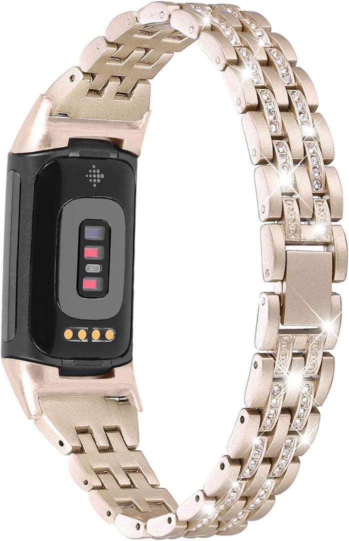 Bling Bands Compatible with Fitbit Charge 6/Charge 5, Metal Bracelet Luxurious Rhinestone Replacement Wristband for Women, Silver Black Gold