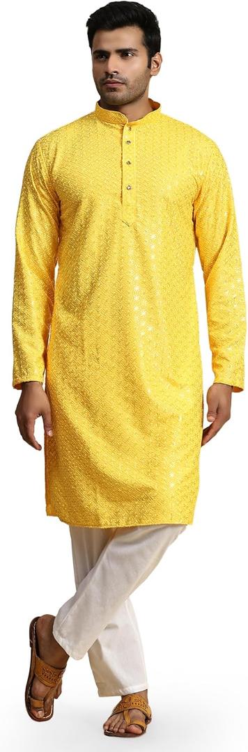 Pro-Ethic Style Developer Mens Indian Traditional Cotton Kurta Sets, Men Kurta Set Indian Wedding Dress (A-117) (Yellow)