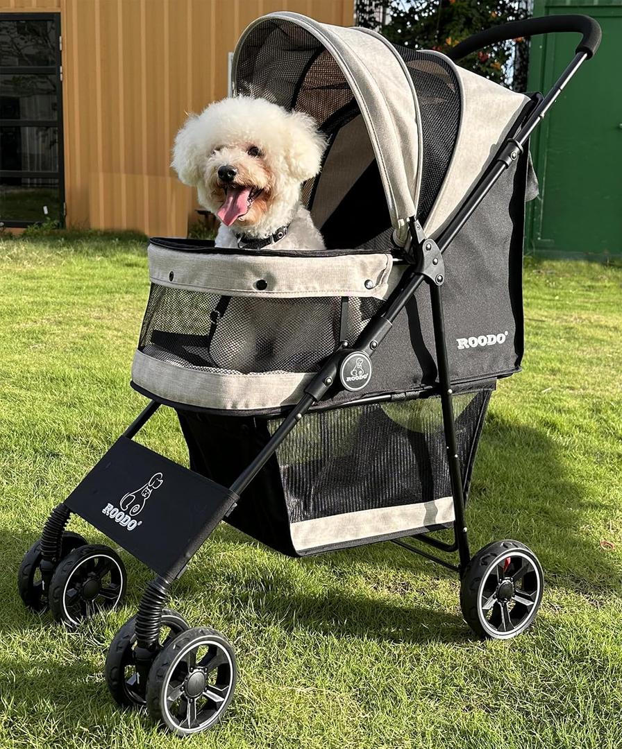 ROODO 4 Wheel Dog Cat Pet Stroller Best Lightweight Foldable Compact Portable Jogger All Terrain Travel Pet Gear Puppy Doggie Bunny Kitty Stroller for up to 30lbs Medium Small Dogs Cats(Light Khaki)