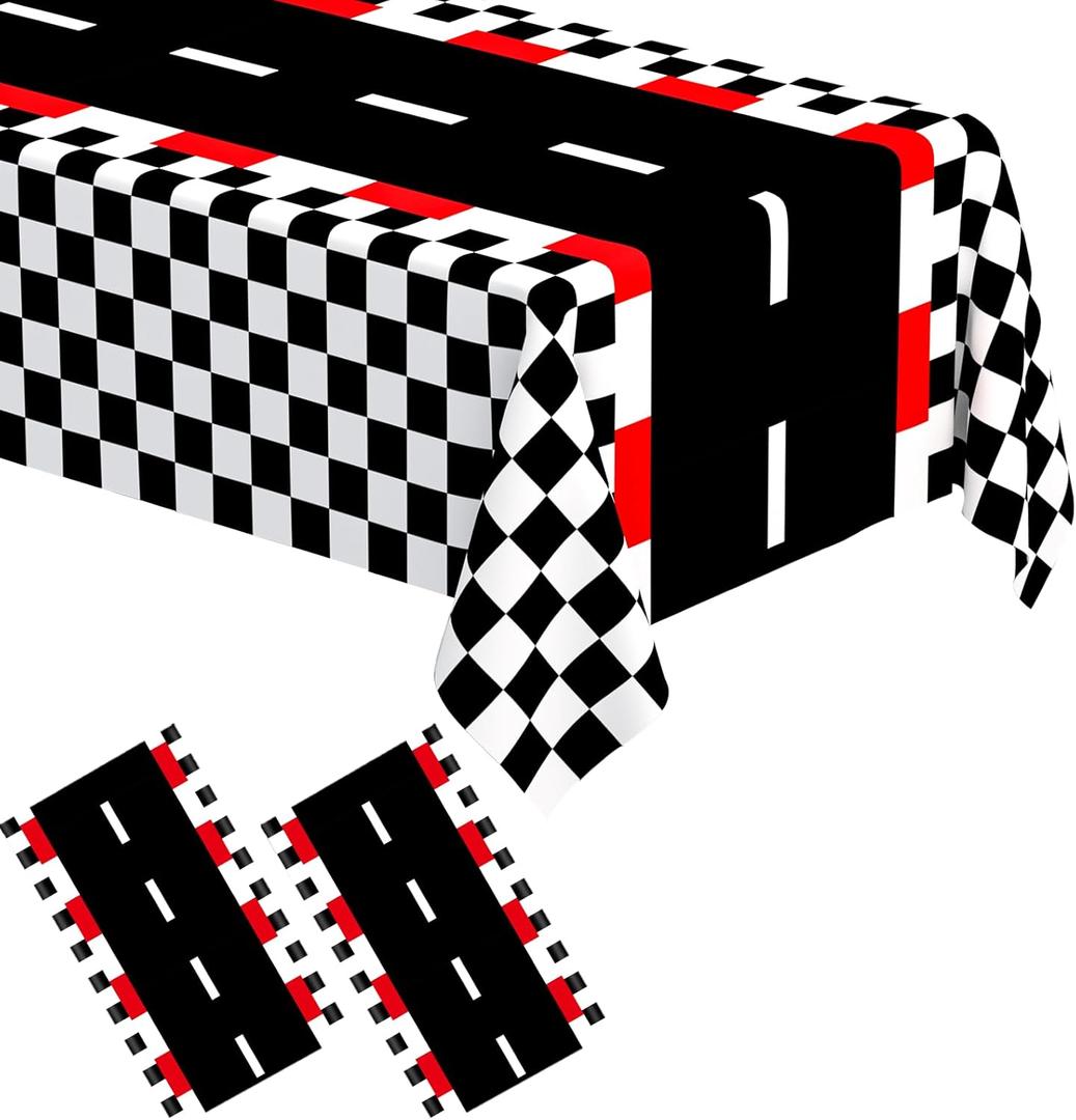 WNINK 2 PCS Racing Car Theme Tablecloths Car Disposable Plastic Tablecloths Black Checkered Flag Table Covers Racetrack Rectangular Tablecloth for Race Car Birthday Party Decorations, 54 x 108 Inch