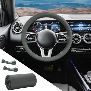 Genuine Leather Steering Wheel Cover, Universal Car Steering Wheel Protector with Needle Thread, Breathable Anti-Slip Steering Wheel Cover for Max Diameter 15 Inch, DIY Stitch on Wrap (Gray, Glossy)
