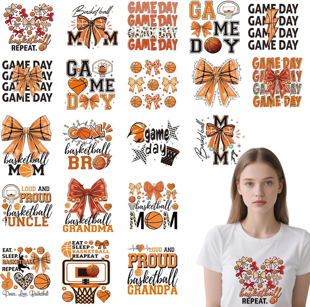 Dtf Transfers Ready to Press - 20 Pcs Basketball Iron on Patches for T-Shirts, Orange Bow Mom Heat Transfer Vinyl Stickers, Sport Iron on Decals for Clothes Bag DIY Fabric Decor
