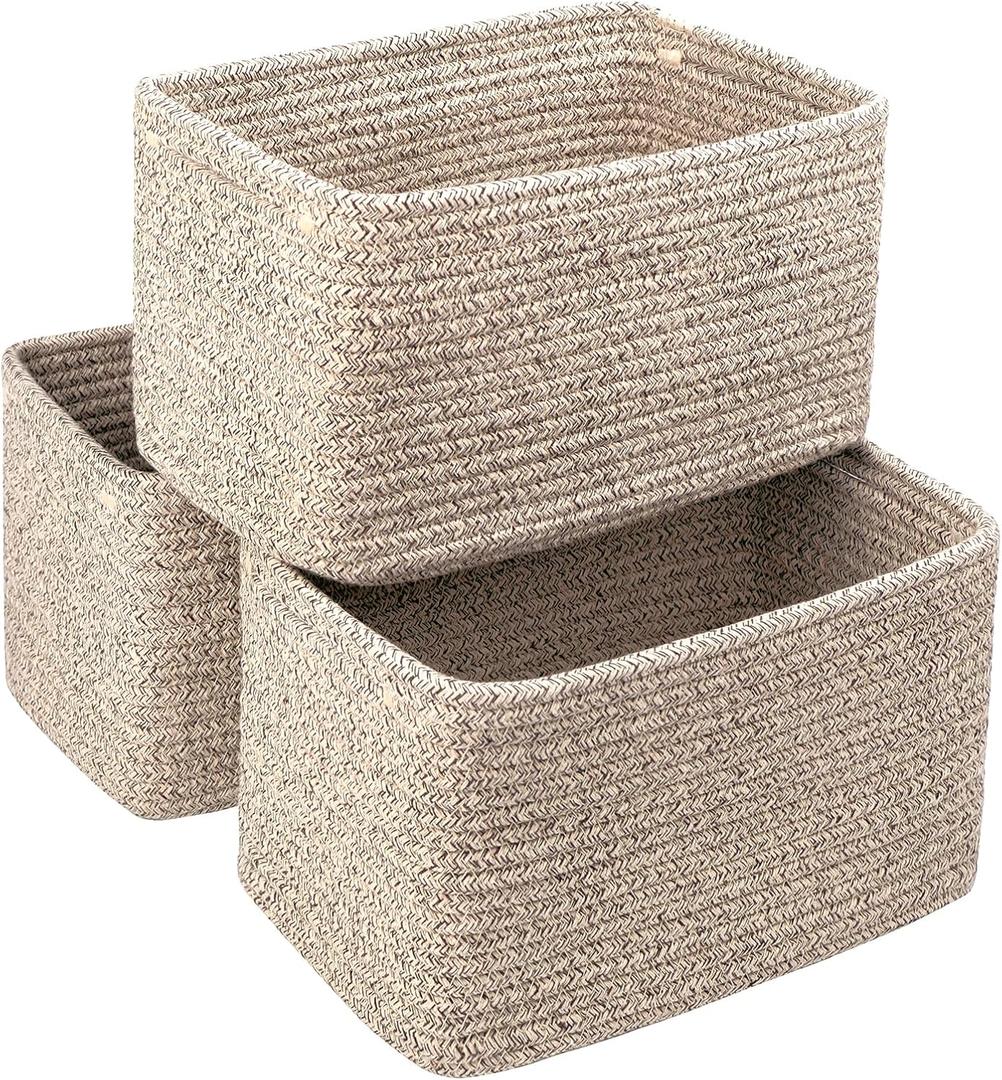 Small Cotton Rope Storage Basket Set of 3-11"x7"x7" Perfect Woven Baskets for Storage, Ideal Storage Baskets for Organizing Toys, Towels, and More - Baskets for Shelves and Home DecorBeige