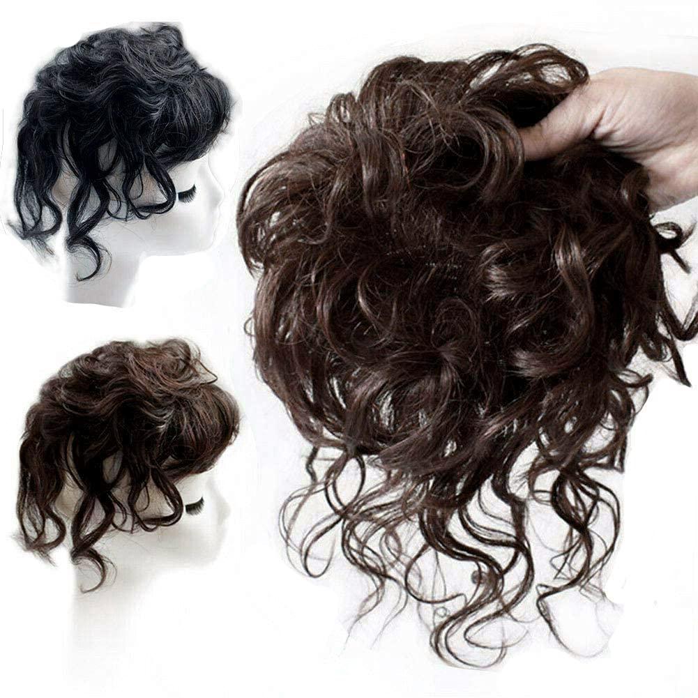 N/H Short Curly Toupee 100% Real Human Hair Curly Fluffy Hair Topper Top Hairpiece Clip in Topper with Bangs for Women 10" Black