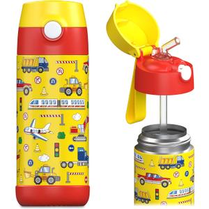 Jarlson Kids Water Bottle CHARLI [12OZ] - Stainless Steel Thermo Bottle with Straw - Insulated, Spill Proof Waterbottle for School & Sports - Thermo Tumbler for Boys & Girls (Vehicles)